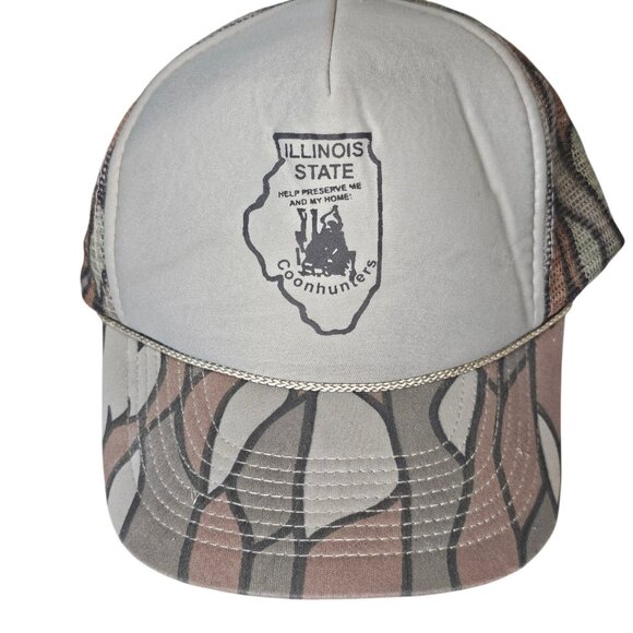 VTG Camo Rope Trucker Hat Coon Hunters Illinois Camouflage Cap Snapback Brown‎ - Picture 1 of 9